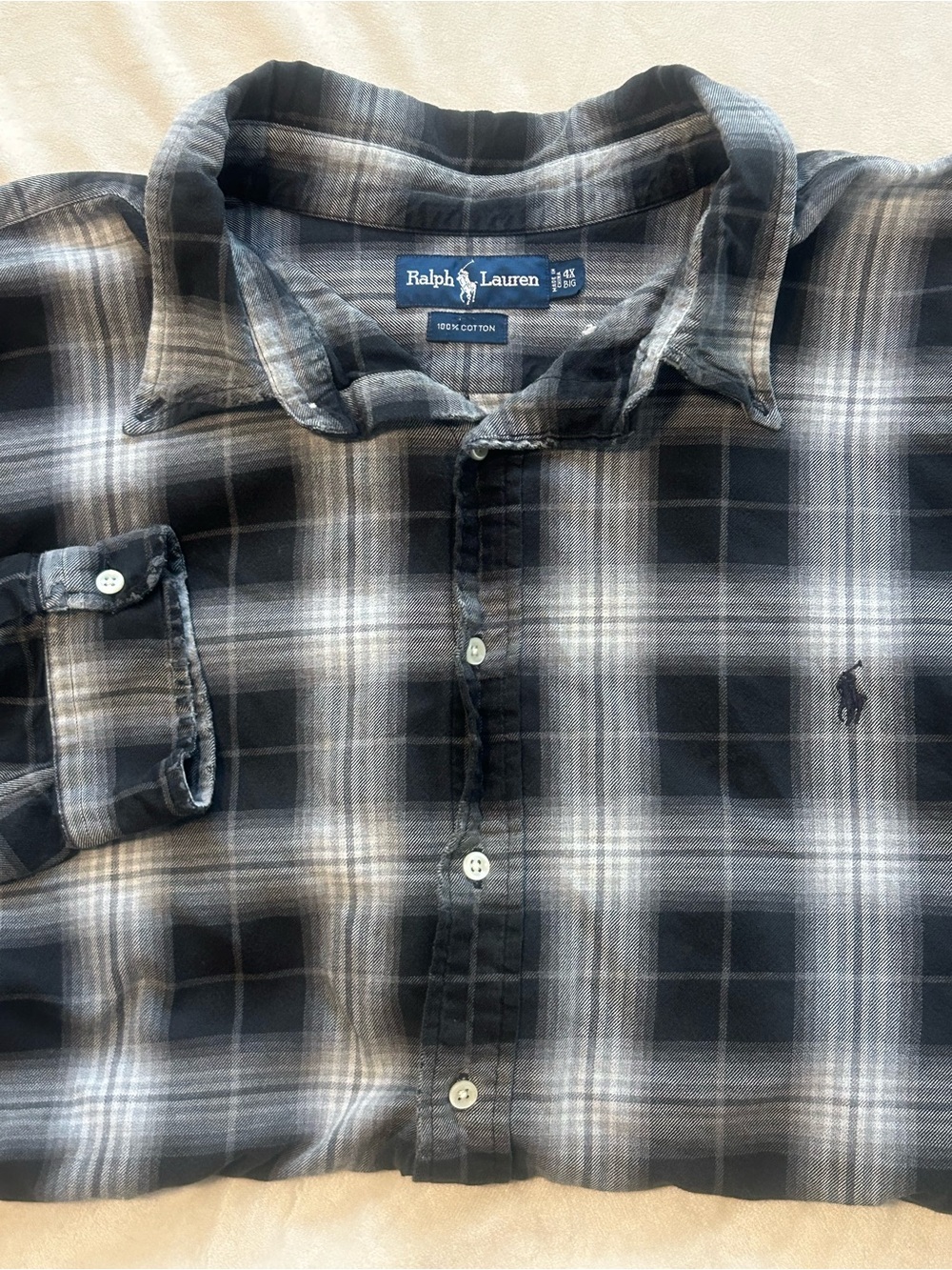 Polo Ralph Lauren Shirt Mens 4XB 4X Big Black Grey Shadow Plaid Long Sleeve Pony